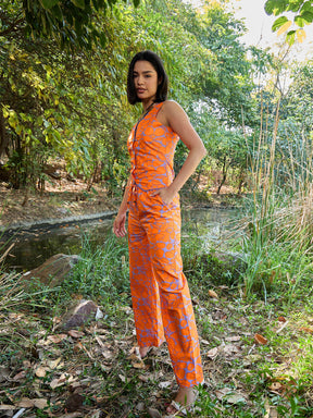 Grey & Orange Floral Vest Top With Pants -Pink Paprika By SASSAFRAS
