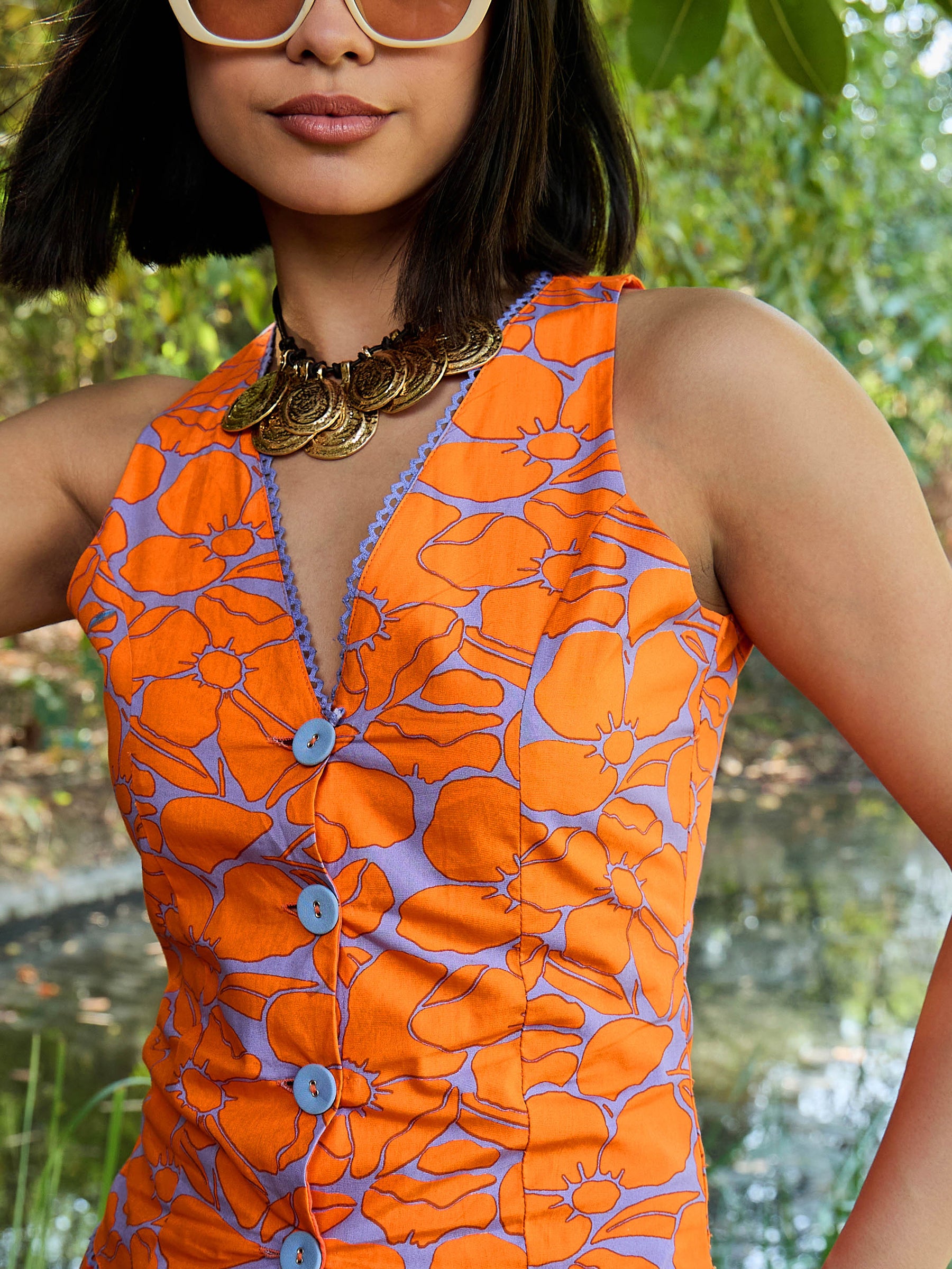 Grey & Orange Floral Vest Top With Pants -Pink Paprika By SASSAFRAS