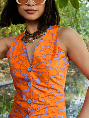 Grey & Orange Floral Vest Top With Pants -Pink Paprika By SASSAFRAS
