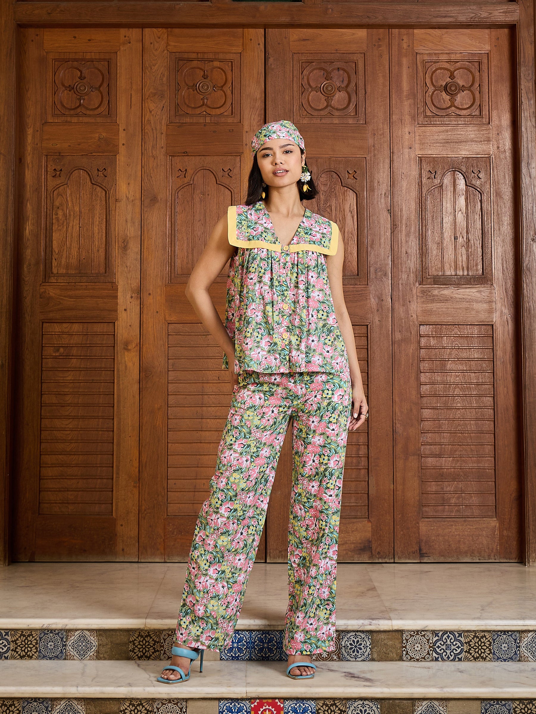Green Floral V Neck Peplum Top With Pants-Pink Paprika By SASSAFRAS