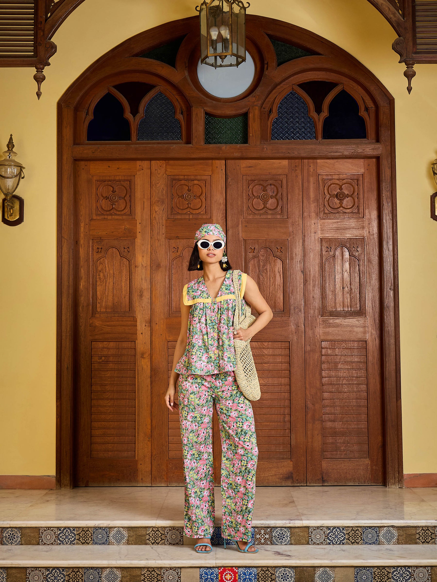 Green Floral V Neck Peplum Top With Pants-Pink Paprika By SASSAFRAS