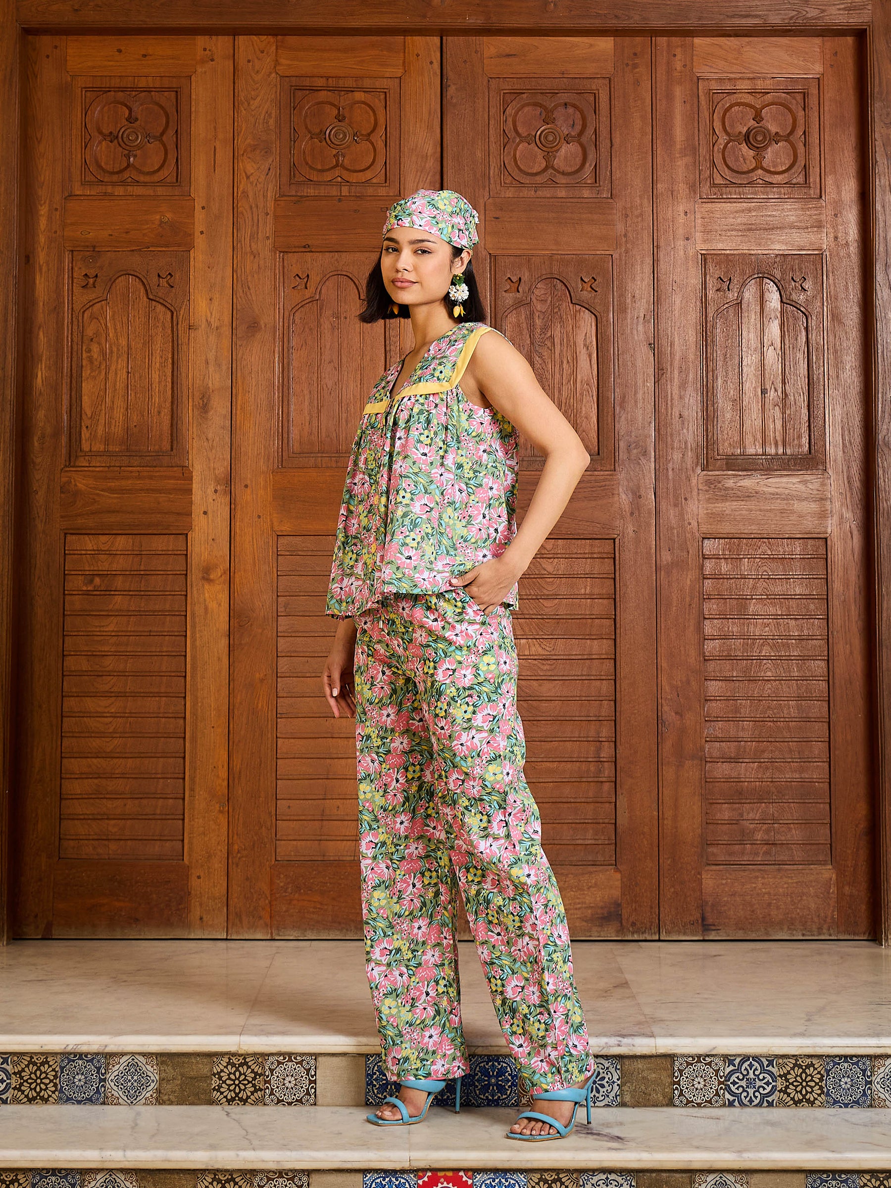 Green Floral V Neck Peplum Top With Pants-Pink Paprika By SASSAFRAS