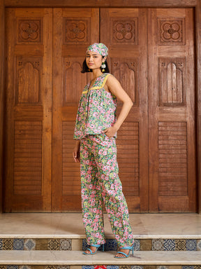 Green Floral V Neck Peplum Top With Pants-Pink Paprika By SASSAFRAS