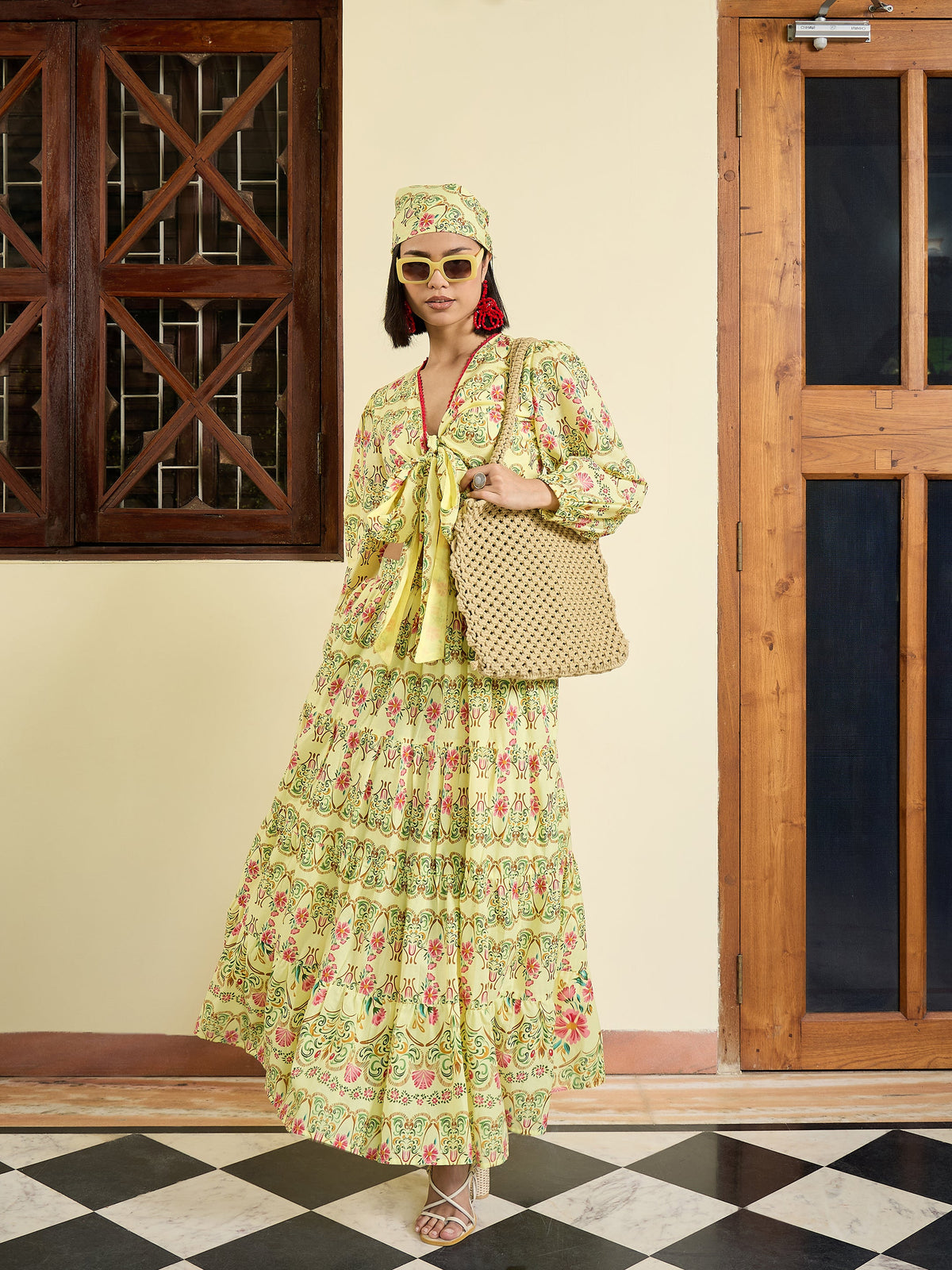 Yellow Floral Wrap Top With Tiered Skirt -Pink Paprika By SASSAFRAS