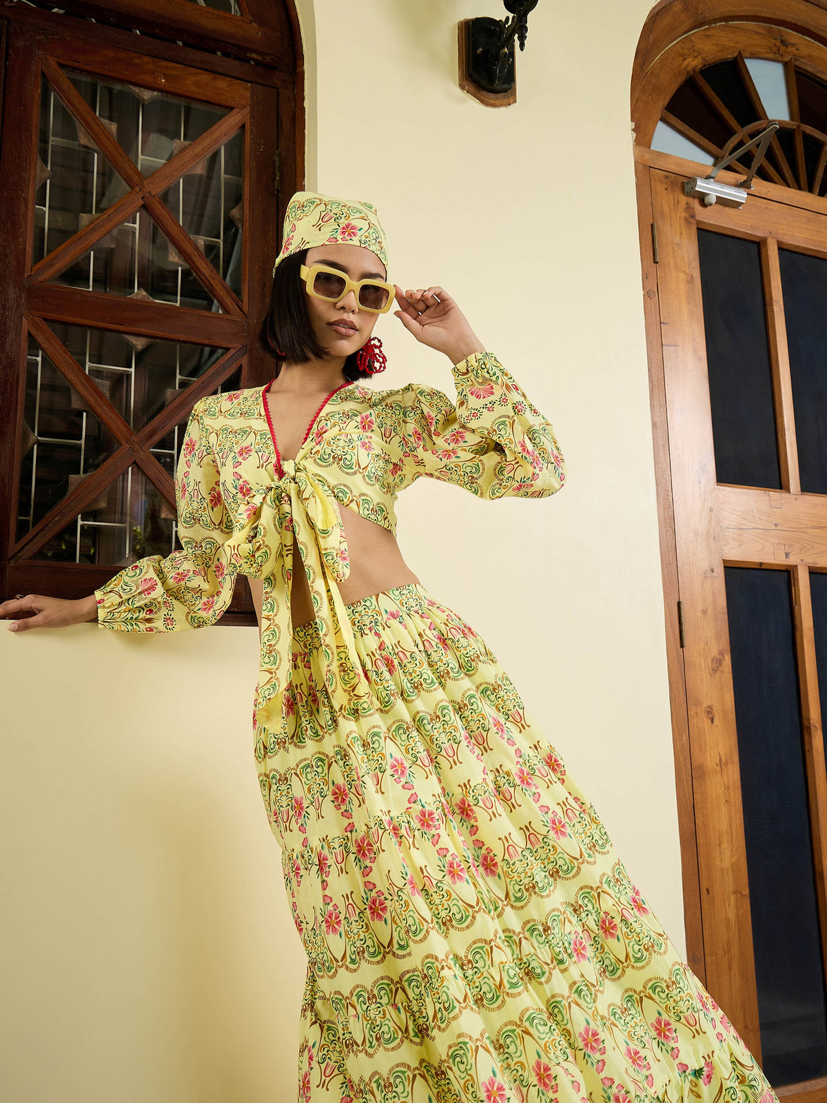 Yellow Floral Wrap Top With Tiered Skirt -Pink Paprika By SASSAFRAS