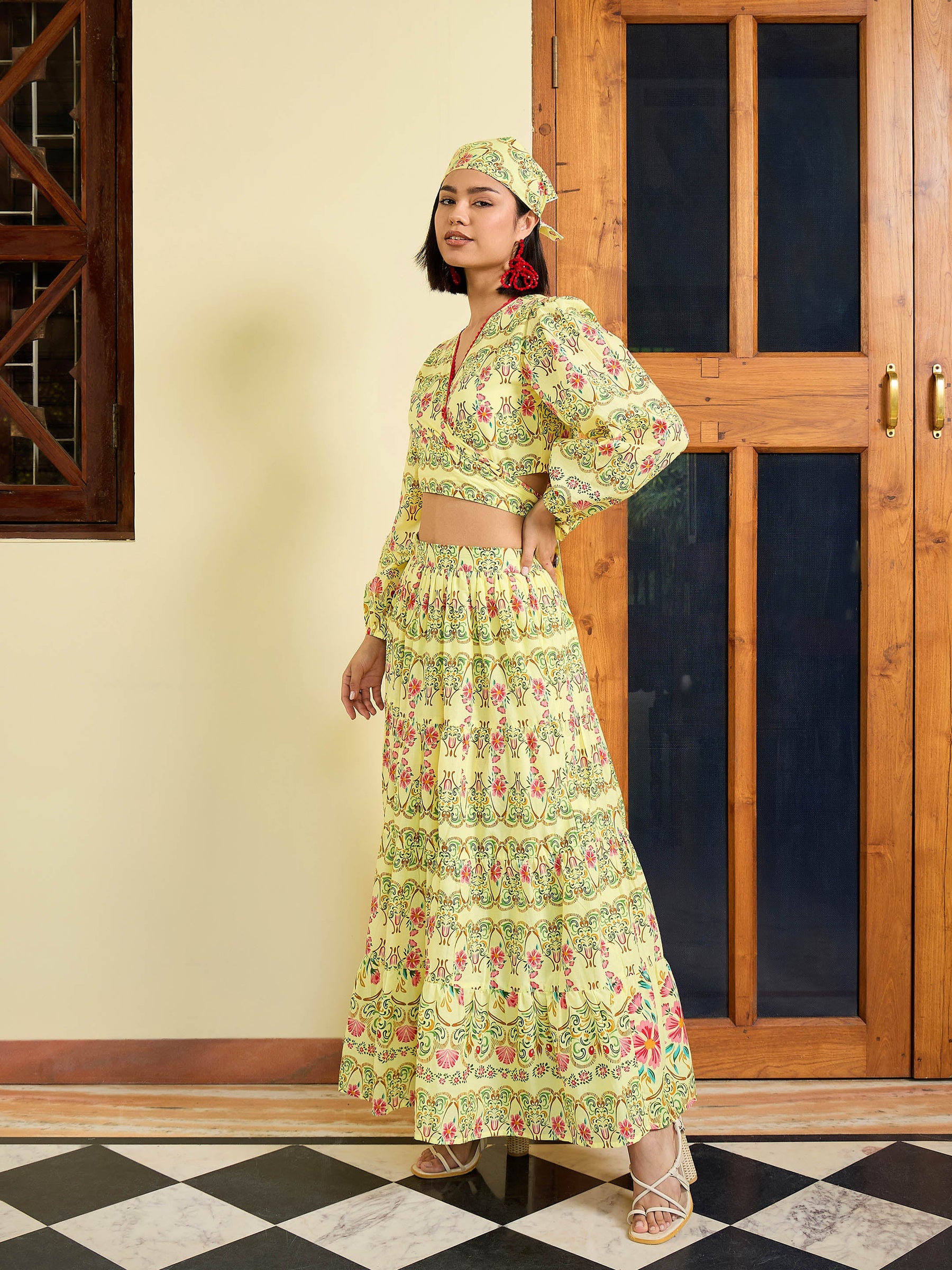 Yellow Floral Wrap Top With Tiered Skirt -Pink Paprika By SASSAFRAS