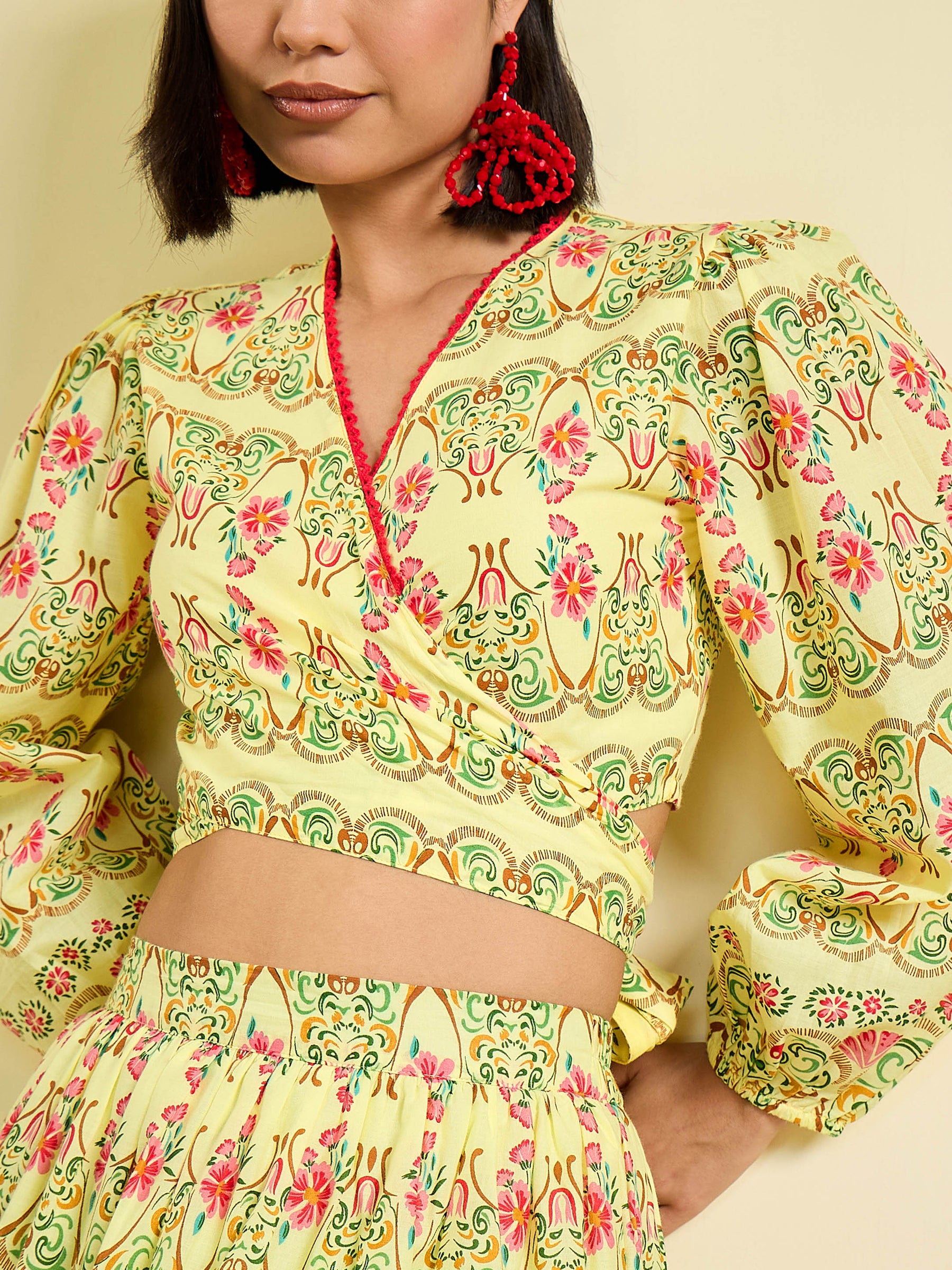 Yellow Floral Wrap Top With Tiered Skirt -Pink Paprika By SASSAFRAS
