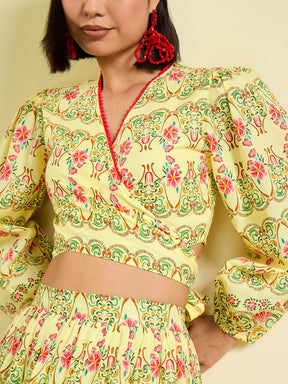 Yellow Floral Wrap Top With Tiered Skirt -Pink Paprika By SASSAFRAS