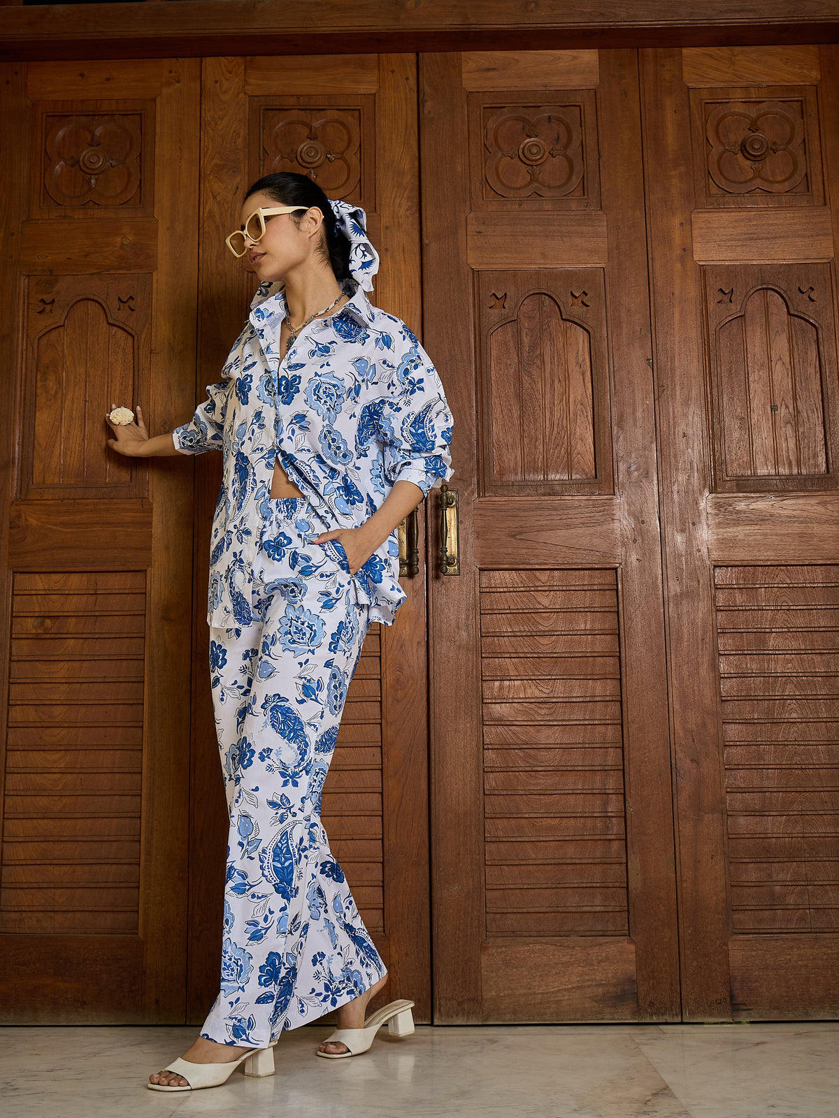 White & Blue Floral Shirt With Pants-Pink Paprika By SASSAFRAS