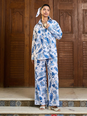 White & Blue Floral Shirt With Pants-Pink Paprika By SASSAFRAS