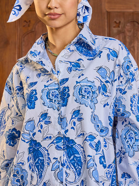 White & Blue Floral Shirt With Pants-Pink Paprika By SASSAFRAS