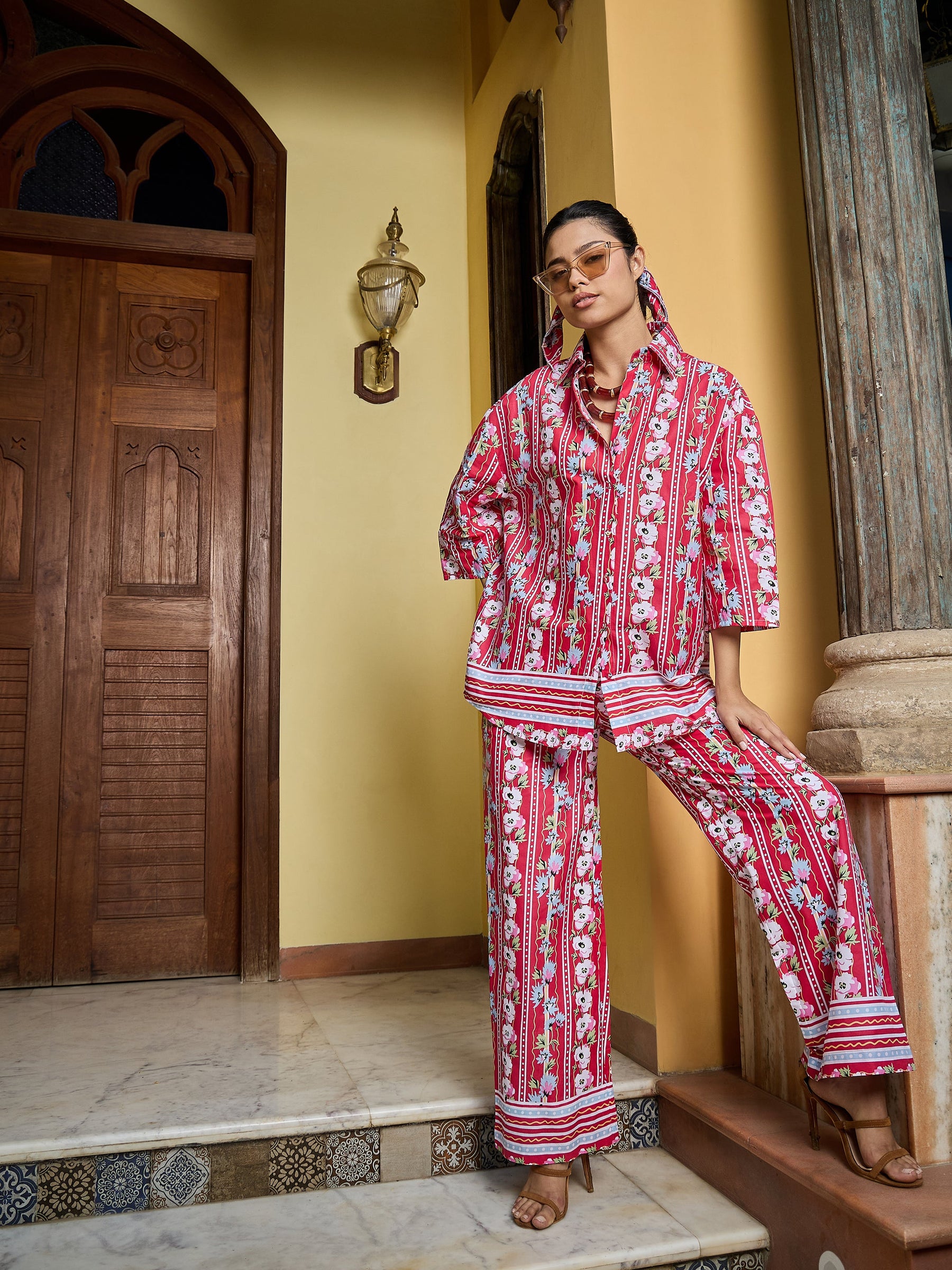 Red Floral Shirt With Pants-Pink Paprika By SASSAFRAS