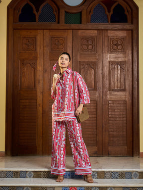 Red Floral Shirt With Pants-Pink Paprika By SASSAFRAS