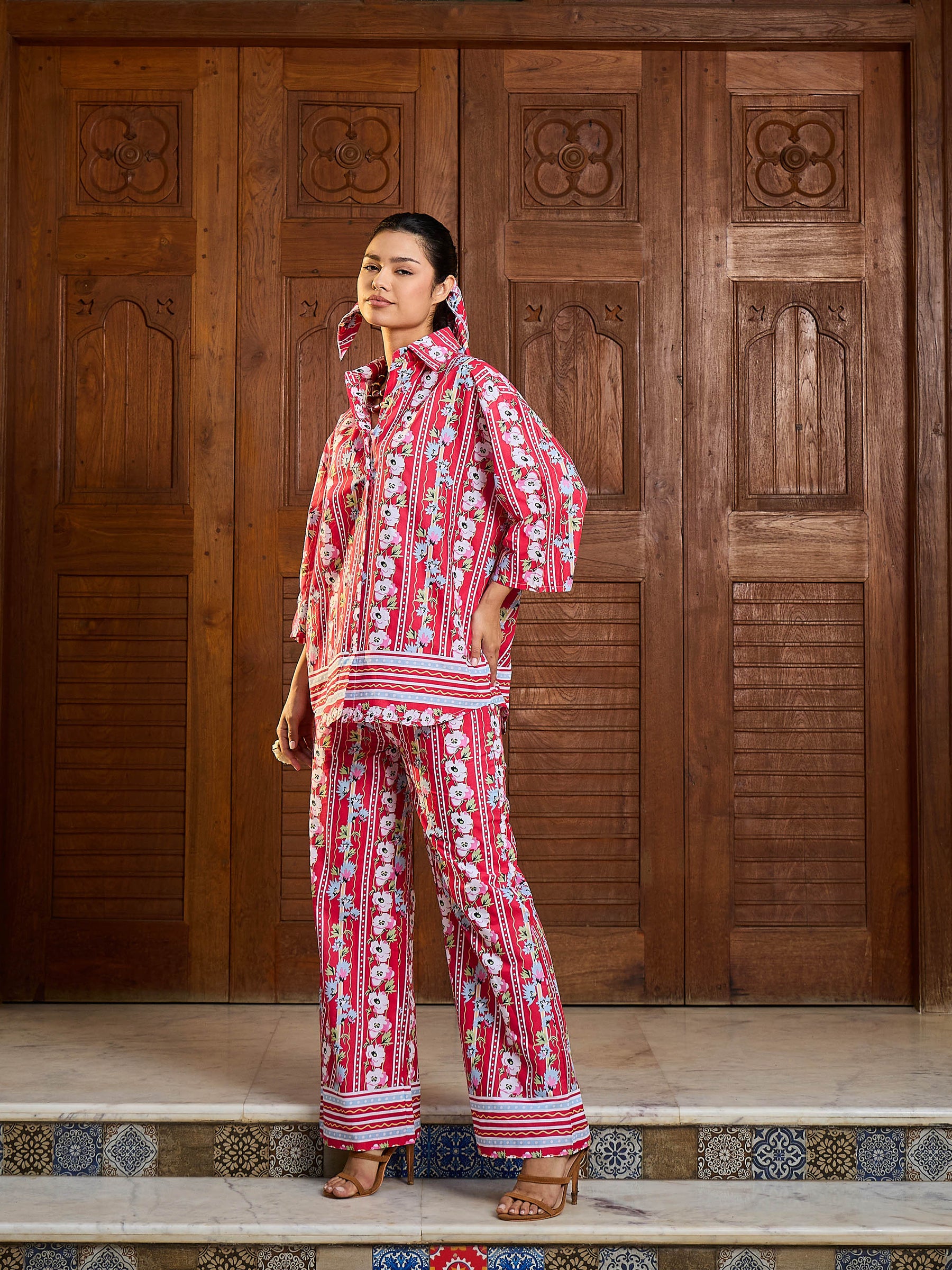 Red Floral Shirt With Pants-Pink Paprika By SASSAFRAS