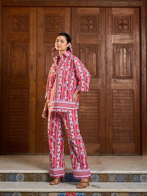 Red Floral Shirt With Pants-Pink Paprika By SASSAFRAS