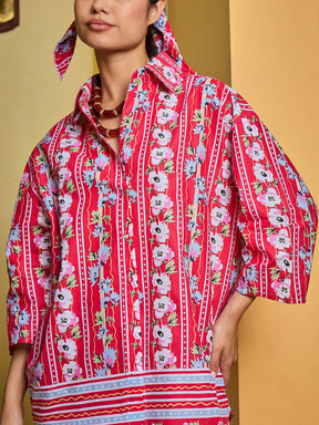 Red Floral Shirt With Pants-Pink Paprika By SASSAFRAS