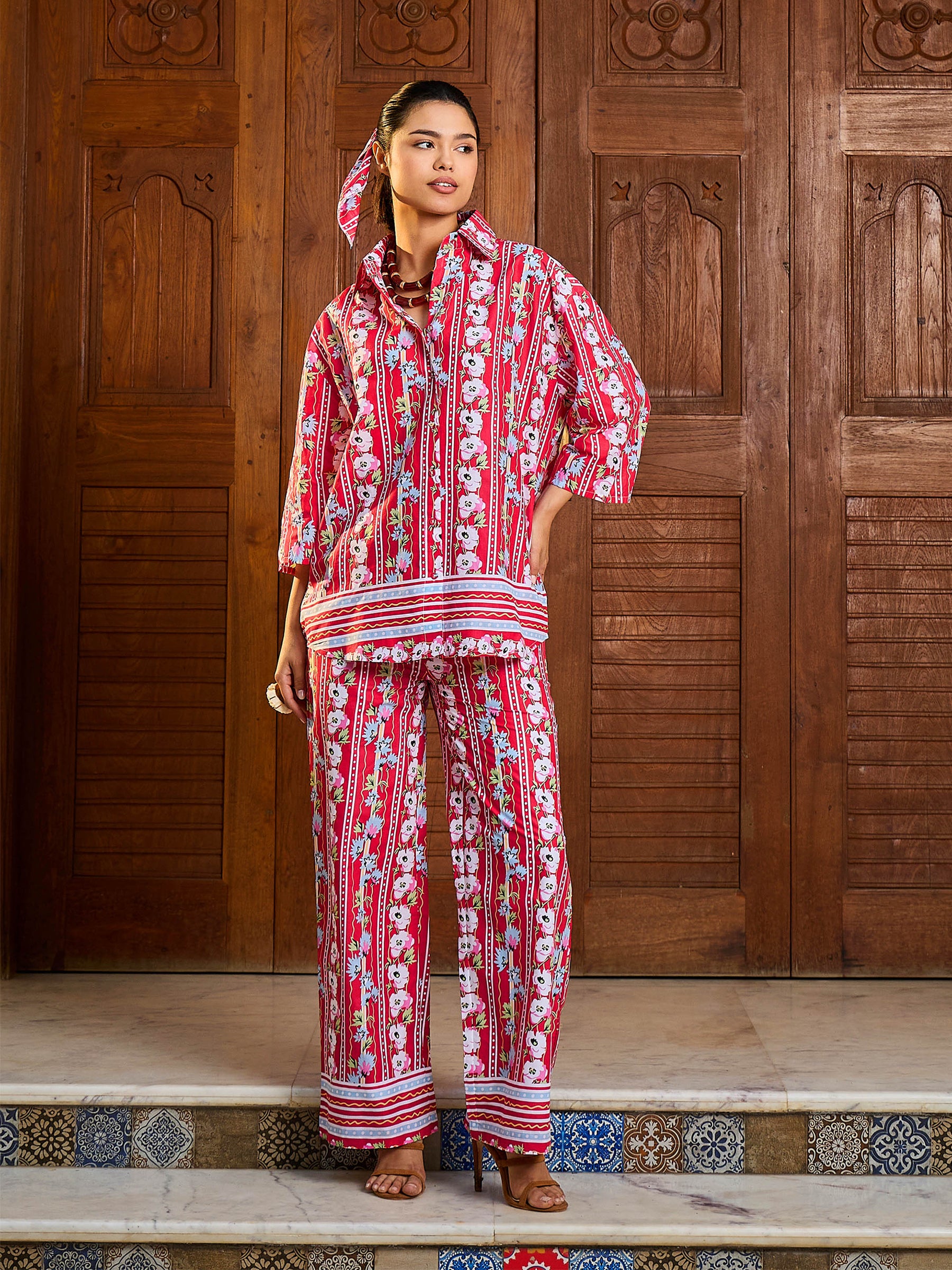Red Floral Shirt With Pants-Pink Paprika By SASSAFRAS