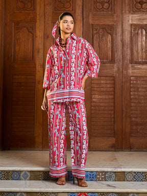 Red Floral Shirt With Pants-Pink Paprika By SASSAFRAS