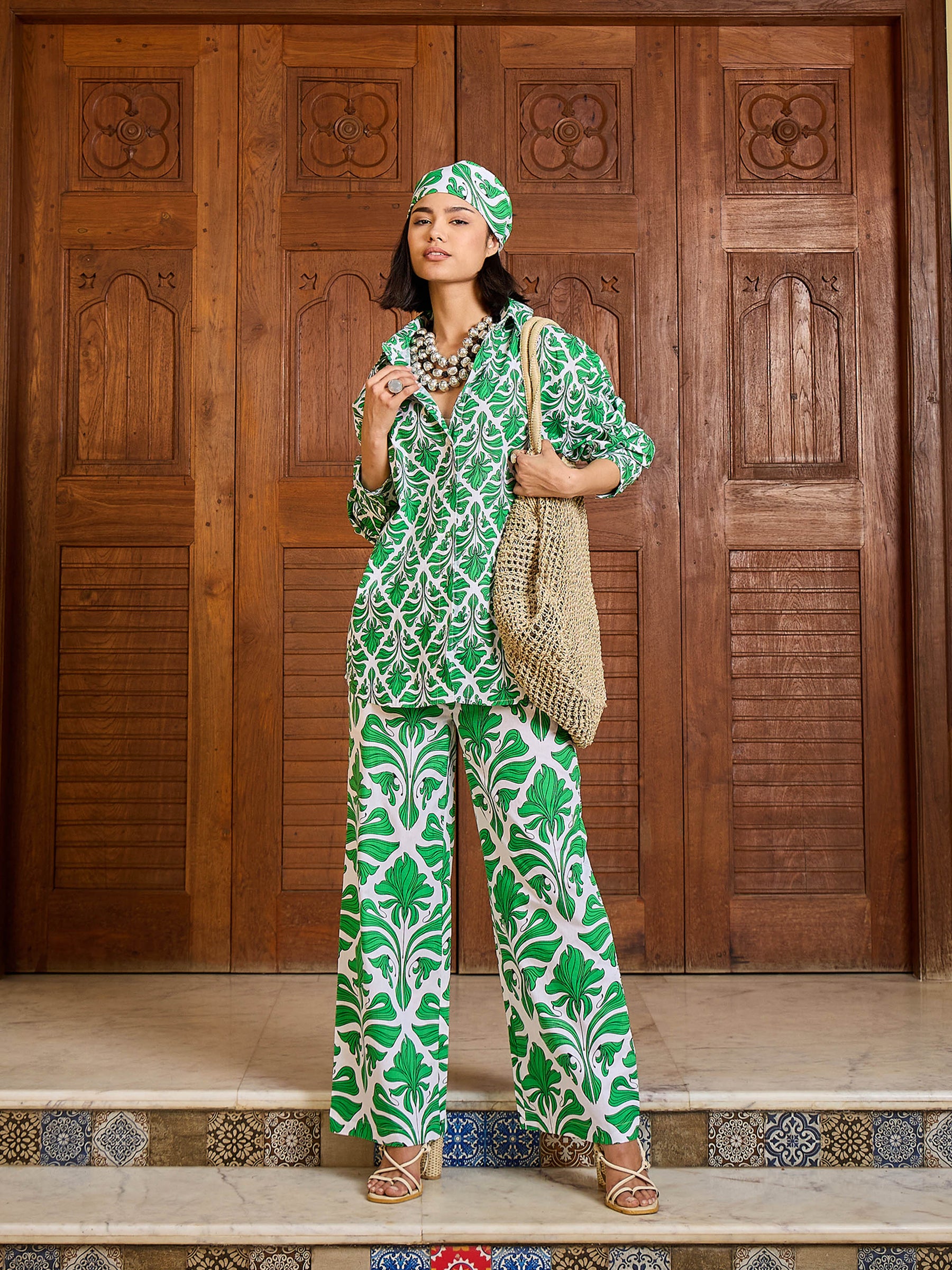 Women Green White Floral Shirt With Pants