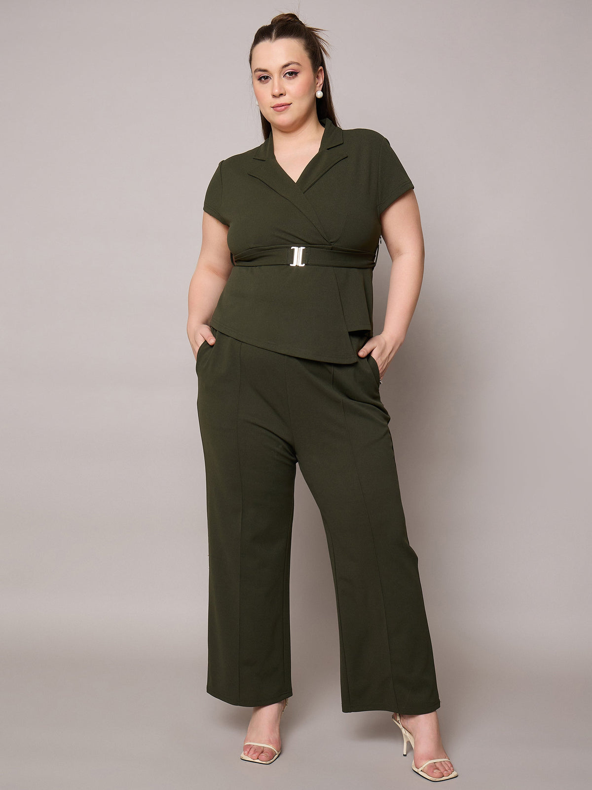 Olive Front Buckle Top With Straight Pants-SASSAFRAS Curve