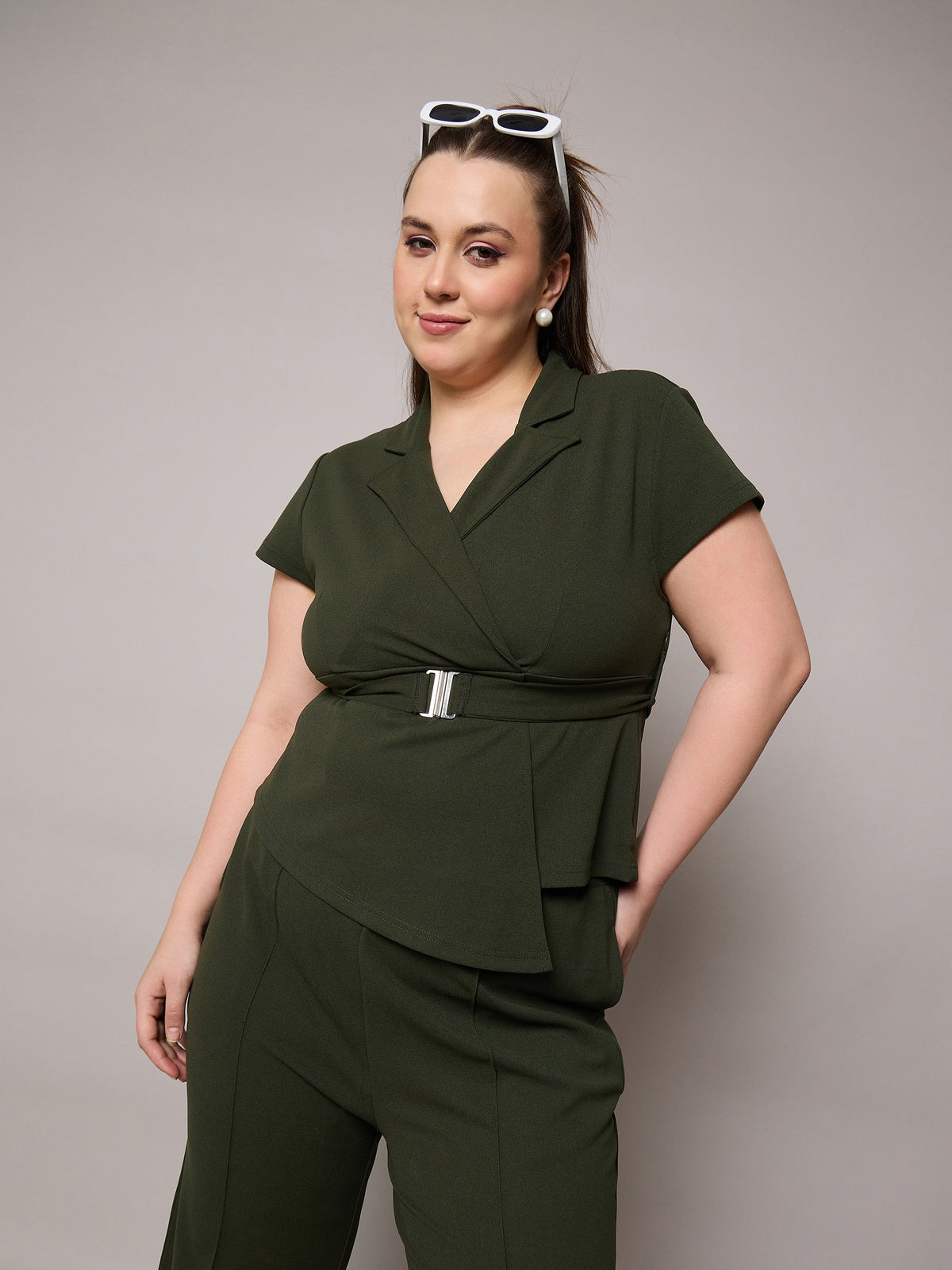 Olive Front Buckle Top With Straight Pants-SASSAFRAS Curve