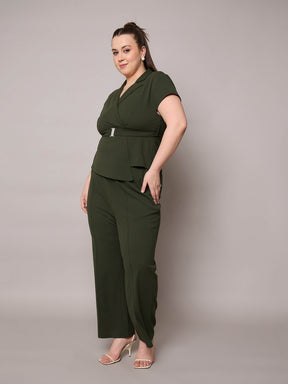 Olive Front Buckle Top With Straight Pants-SASSAFRAS Curve