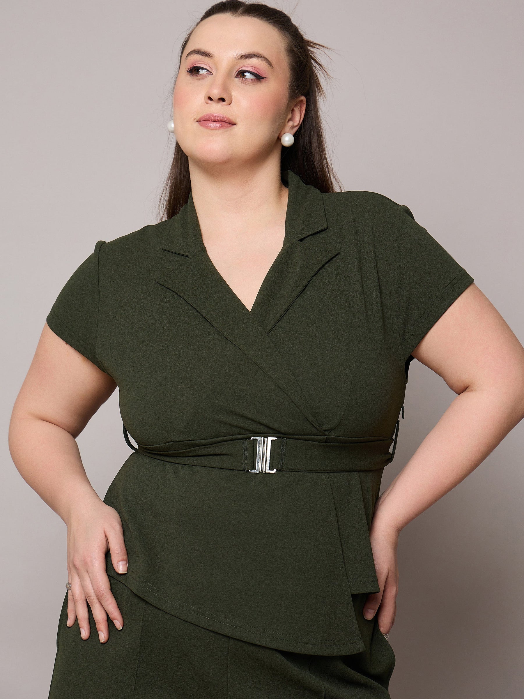 Olive Front Buckle Top With Straight Pants-SASSAFRAS Curve