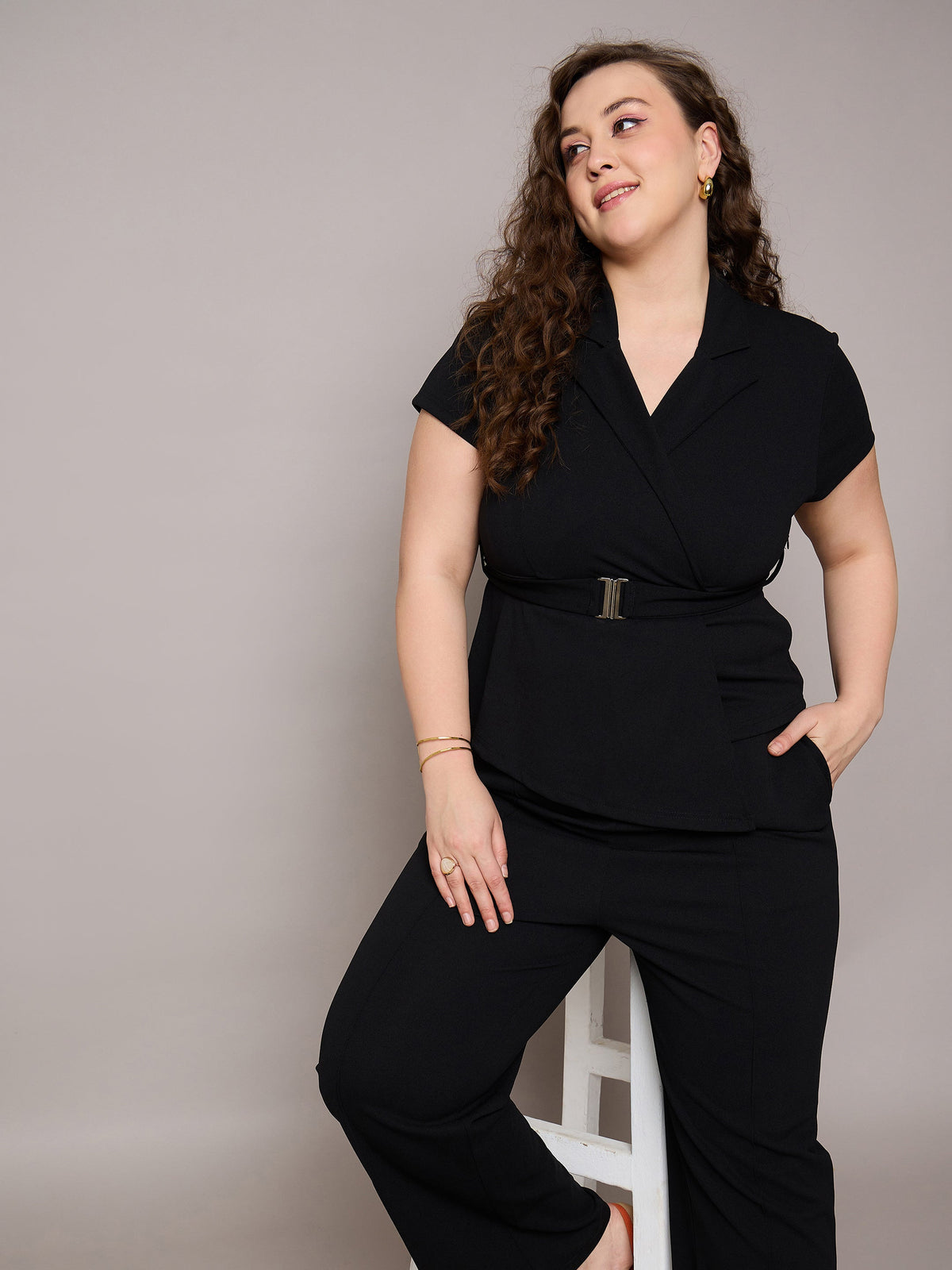 Black Front Buckle Top With Straight Pants-SASSAFRAS Curve