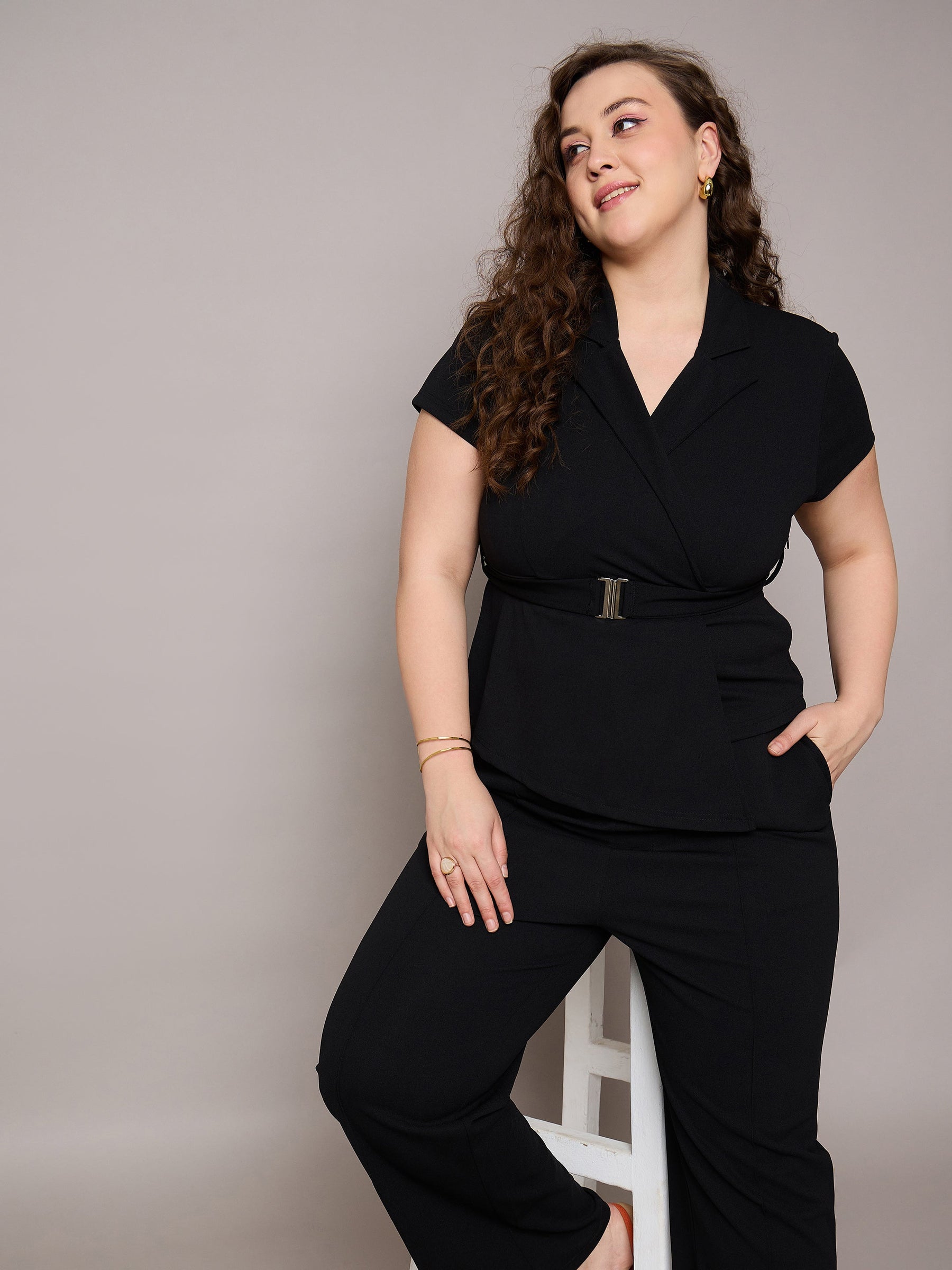 Black Front Buckle Top With Straight Pants-SASSAFRAS Curve