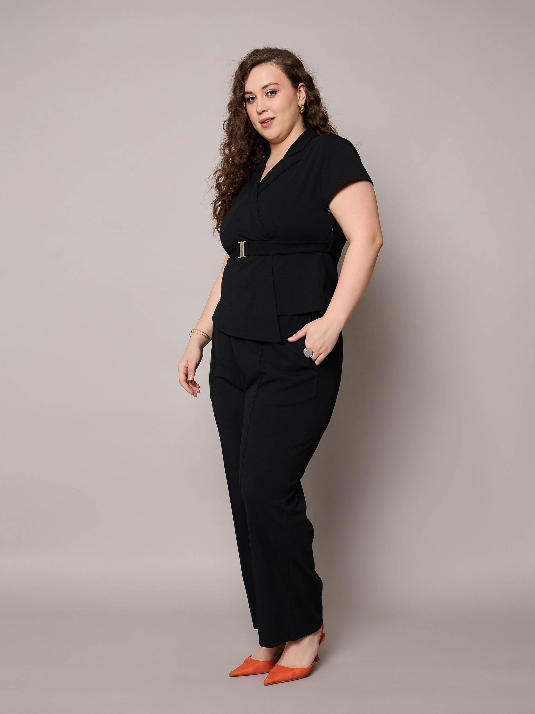 Black Front Buckle Top With Straight Pants-SASSAFRAS Curve