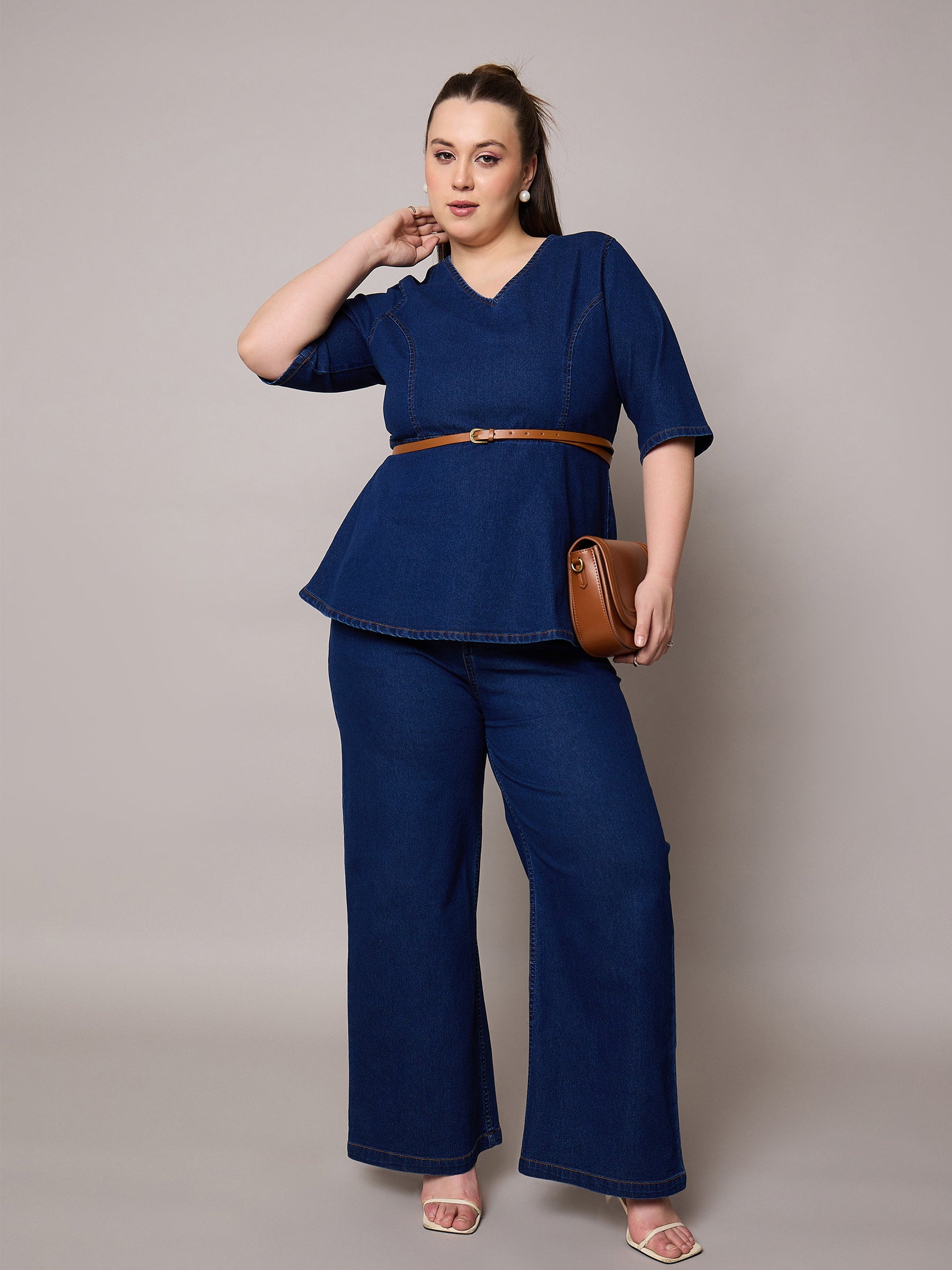 Women Navy Blast Denim Peplum Top With Jeans