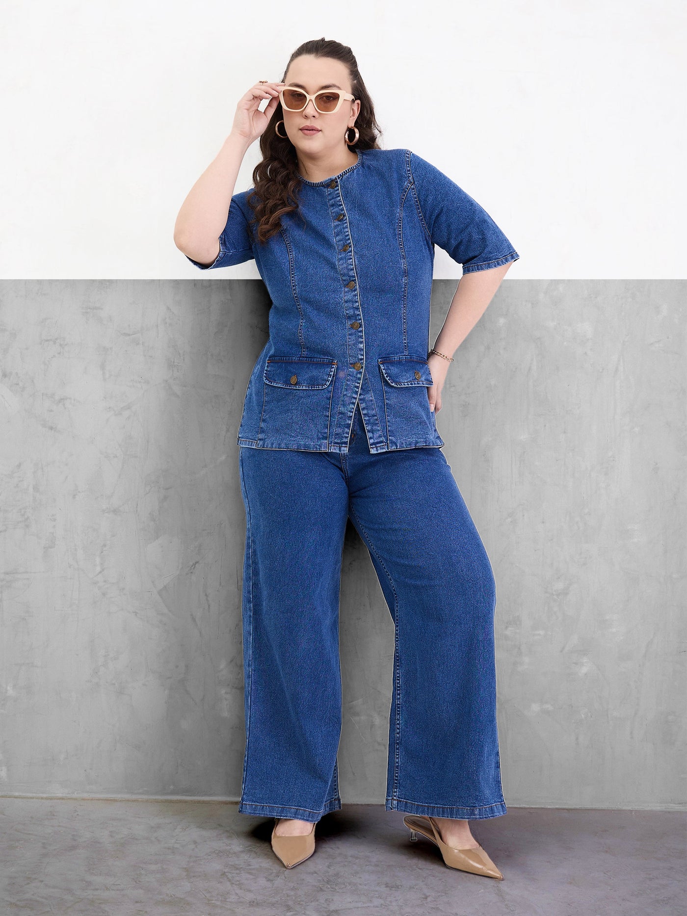Blue Blast Denim Button Top With Jeans-SASSAFRAS Curve