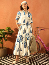 Women Blue & Off White  Floral Shirt With Gathered Skirt