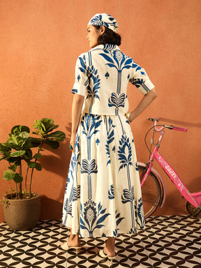 Women Blue & Off White  Floral Shirt With Gathered Skirt