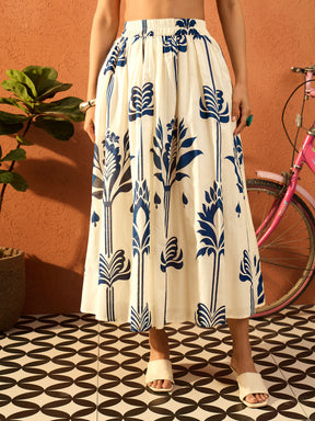 Women Blue & Off White  Floral Shirt With Gathered Skirt