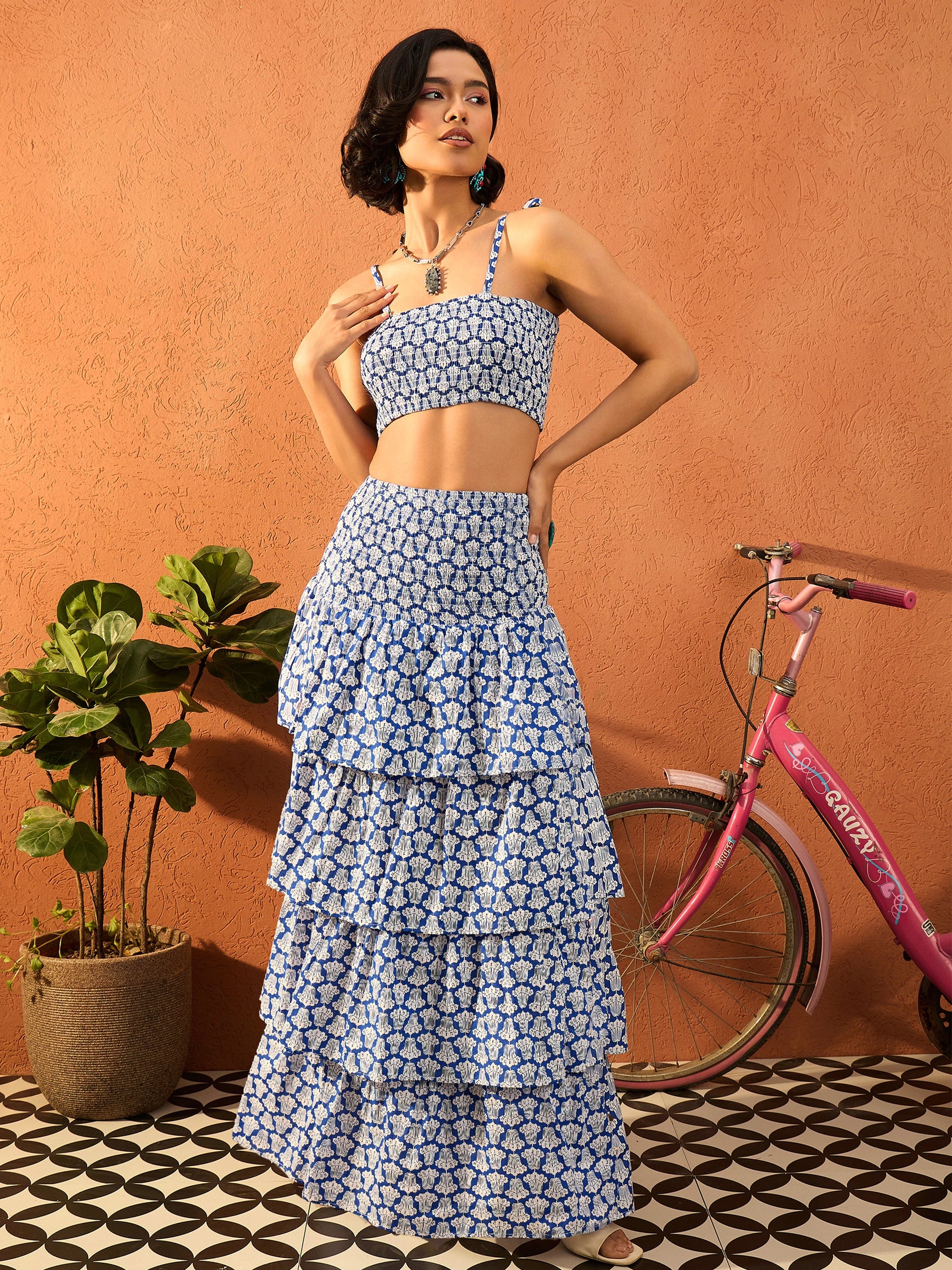 Blue & White Floral Strappy Tube Top With frill Skirt-Pink Paprika By SASSAFRAS