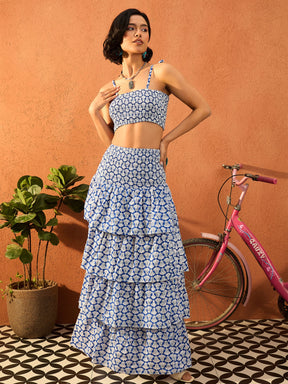 Blue & White Floral Strappy Tube Top With frill Skirt-Pink Paprika By SASSAFRAS
