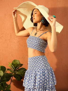 Blue & White Floral Strappy Tube Top With frill Skirt-Pink Paprika By SASSAFRAS