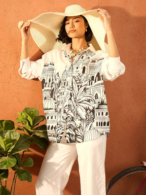 White Skyline Print Shirt With Straight Pants-Pink Paprika By SASSAFRAS