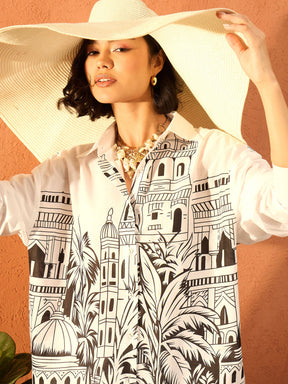 White Skyline Print Shirt With Straight Pants-Pink Paprika By SASSAFRAS