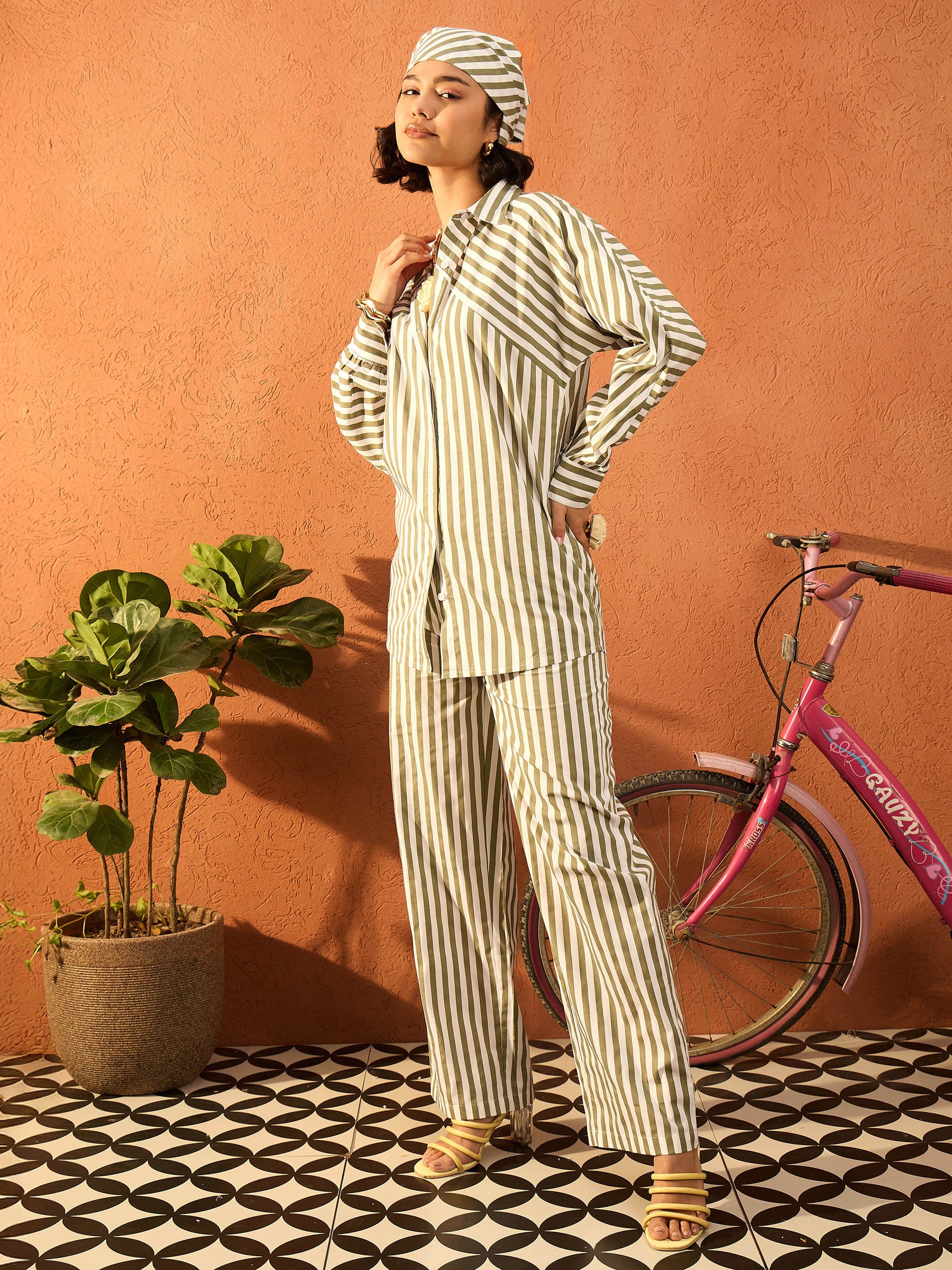 Sea Green & White Stripe Shirt With Straight Pants-Pink Paprika By SASSAFRAS