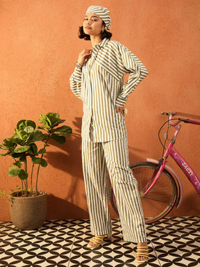 Sea Green & White Stripe Shirt With Straight Pants-Pink Paprika By SASSAFRAS