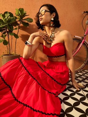 Red Ric Rac Lace Bustier Top With Tiered Skirt-Pink Paprika By SASSAFRAS