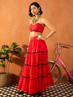 Red Ric Rac Lace Bustier Top With Tiered Skirt-Pink Paprika By SASSAFRAS