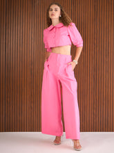 Pink Poplin Peterpan Collar Top With Flared Pants-Pink Paprika By SASSAFRAS