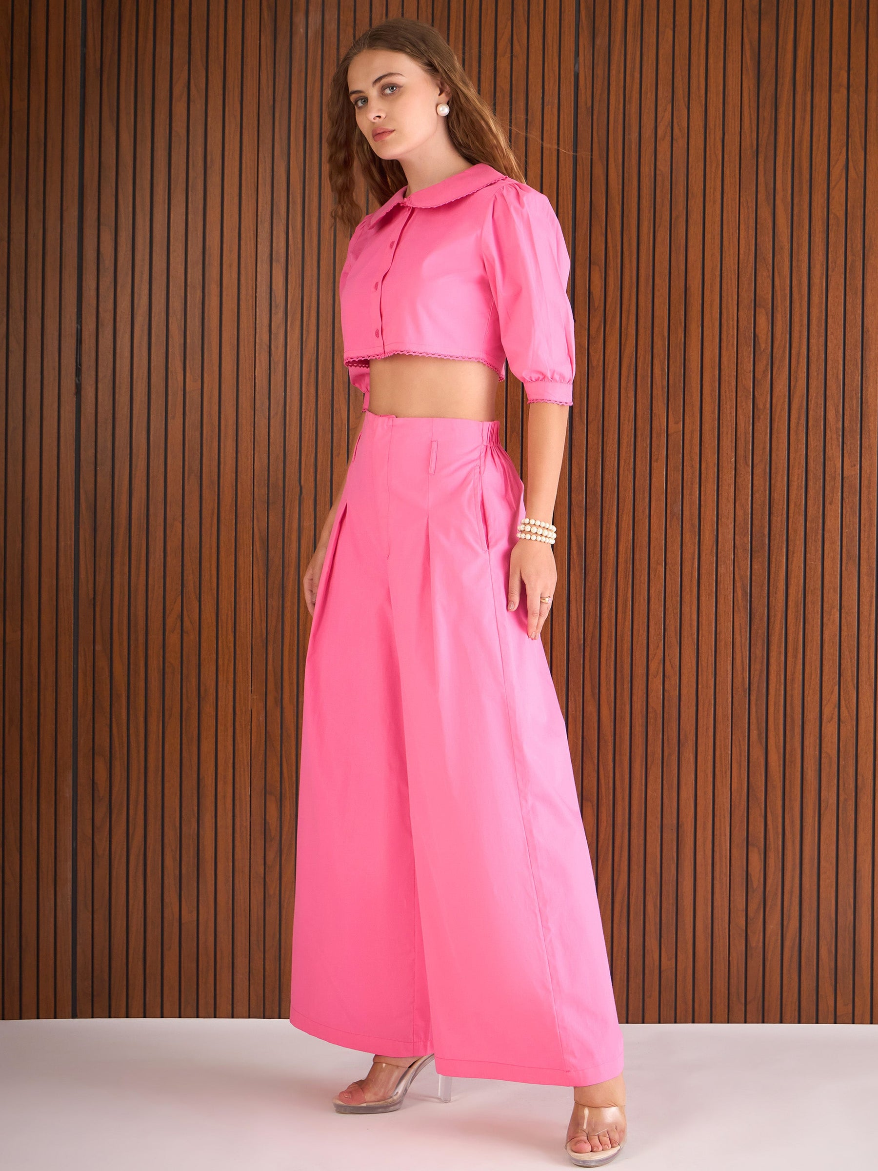 Pink Poplin Peterpan Collar Top With Flared Pants-Pink Paprika By SASSAFRAS