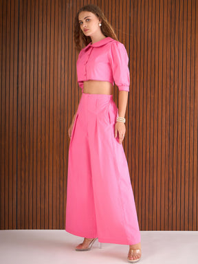 Pink Poplin Peterpan Collar Top With Flared Pants-Pink Paprika By SASSAFRAS