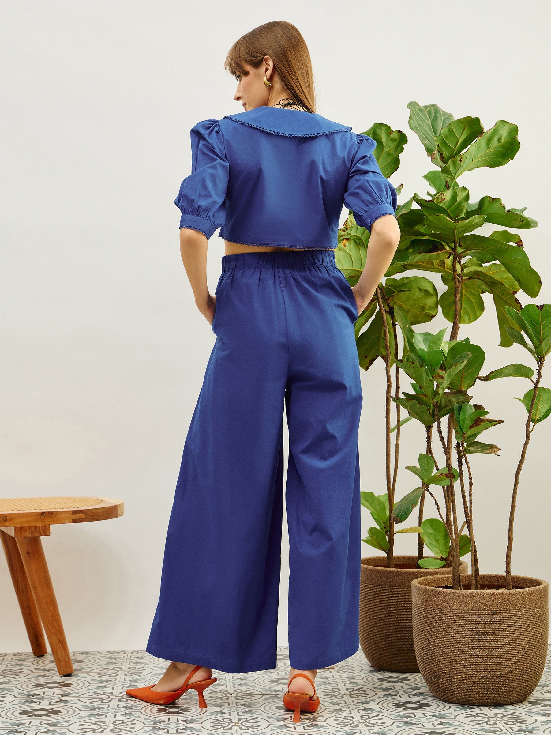 Blue Poplin Peterpan Collar Top With Flared Pants-Pink Paprika By SASSAFRAS
