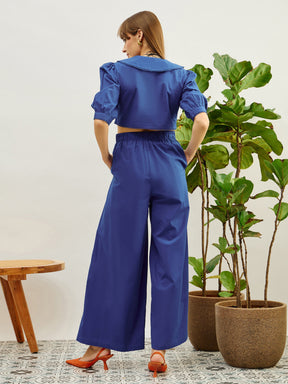 Blue Poplin Peterpan Collar Top With Flared Pants-Pink Paprika By SASSAFRAS