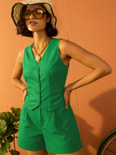Women Green Poplin Vest Top With Shorts